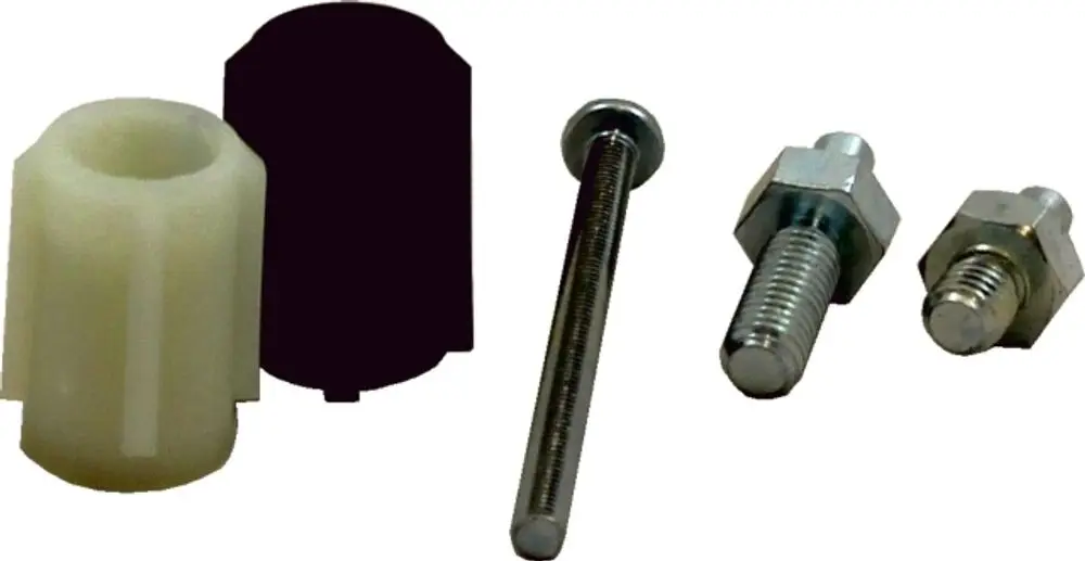 Ersatzteile für hydraulische Anwendungen, sichtbar sind ein Kunststoffadapter und mehrere Metallschrauben, produziert von Wolf.